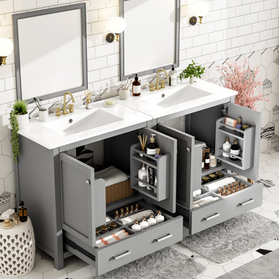 Meuble-lavabo pour salle de bain de 60 po gris, lavabos doubles et conception de rangement réfléchie - Solution moderne de tiroirs divisés