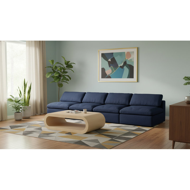 Burrows Upholstered Sofa, Navy Linen Textured Fabric, 32" H x 156" W x 40" D