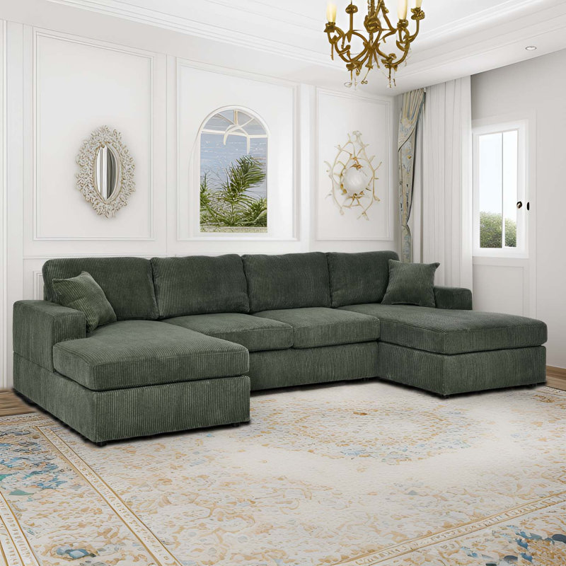 Loette Corduroy U-Shaped Sectional Symmetrical, Dark Green Corduroy