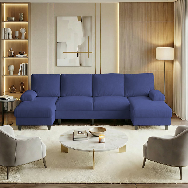 Canapé modulaire en forme de U de 110 po, canapé 4 places Cloud Velvet Cloud avec méridienne double, bleu, Bleu