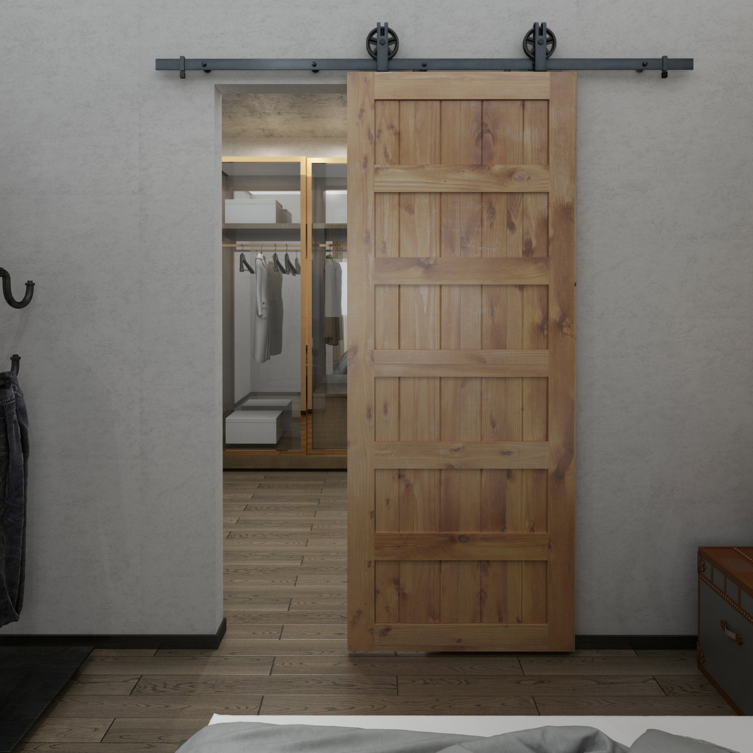 Shaker 84'' Solid Wood Paneled Unfinished without Installation Hardware Kit Barn Door Renin 