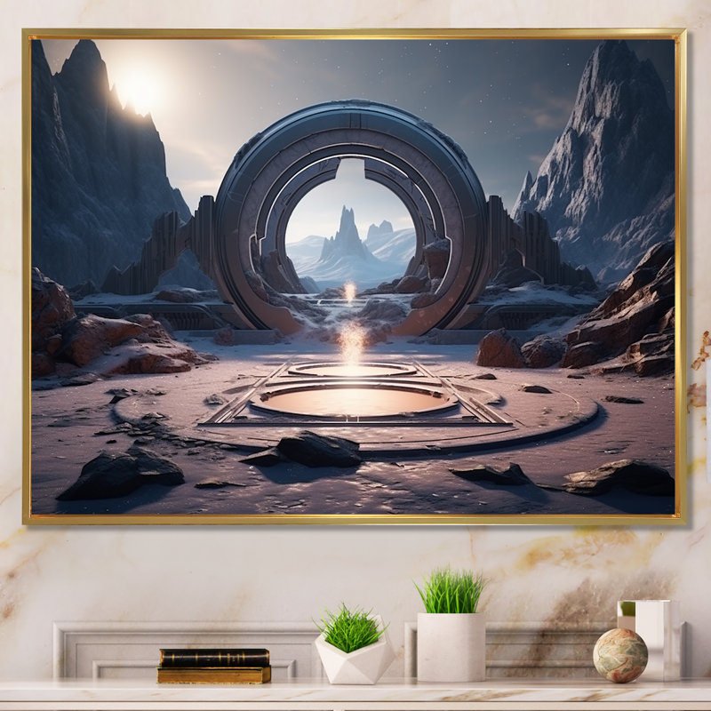Portail surréaliste galaxie paysage IV - surréalisme, art mural, H 12 po x l 20 po x P 1 po, Cadre flottant doré