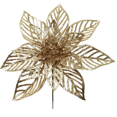 2-pack 8.5" Gold Glitter Poinsettia Flower, Christmas Holiday Decoration, Ideal For Holiday Decor, Xmas Floral Arrangements, Home Decoration
