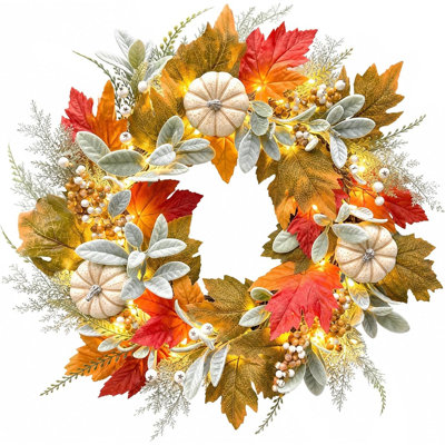Couronne de citrouille blanche pré-éclairée pour porte d'entrée avec feuilles d'érable, baies et agneaux, feuilles décoratives à la main pour un porche