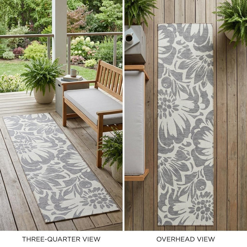 8' Runner Gray and Ivory Floral Washable Non Skid Indoor Outdoor Runner Rug