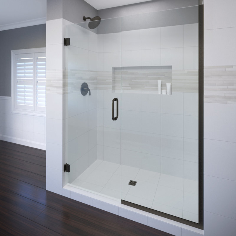 Porte de douche à charnière sans cadre h 72 po x l 57 po Celesta, Verre transparent AquaGlideXP, Bronze huilé