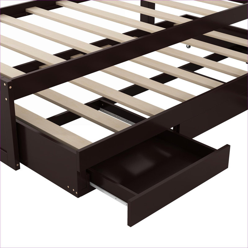Lit plateforme moderne en bois massif brun aux tons de bois, taille simple TG avec tête de lit à DEL, station de charge intégrée, lit gigogne escamotable et tiroirs de rangement