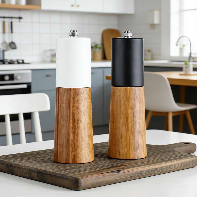 Ensemble de moulins à sel et à poivre en bois d'acacia de qualité supérieure avec noyau en acier céramique, grosseur réglable, comprend un support en bois et une cuillère pour les épices fraîchement moulues