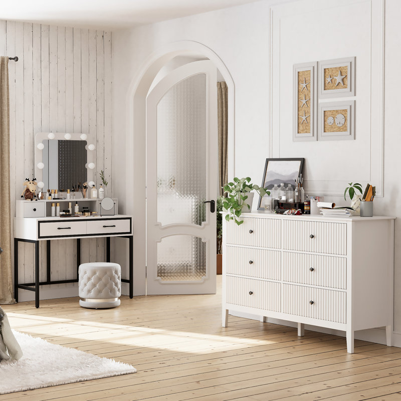 Commode double en bois à 6 tiroirs 47 po Cydny, Blanc