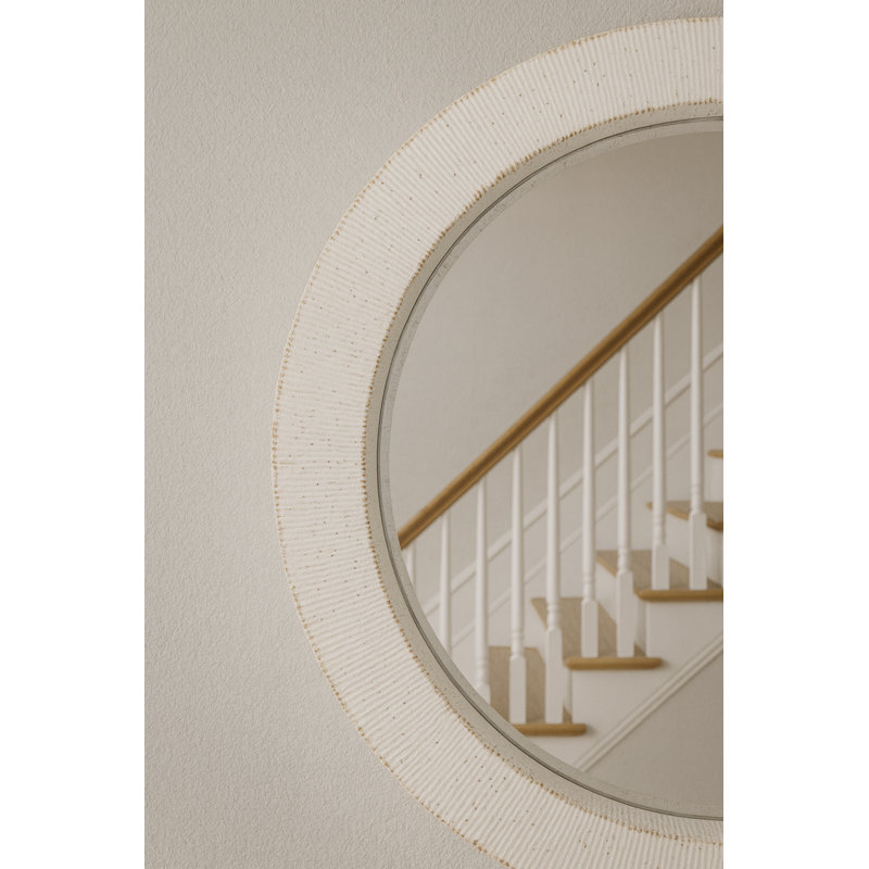 Miroir mural rond 31 po avec cadre en fer texturé blanc, verre biseauté - Miroir d'appoint moderne pour le salon, la salle de bain et le vestibule