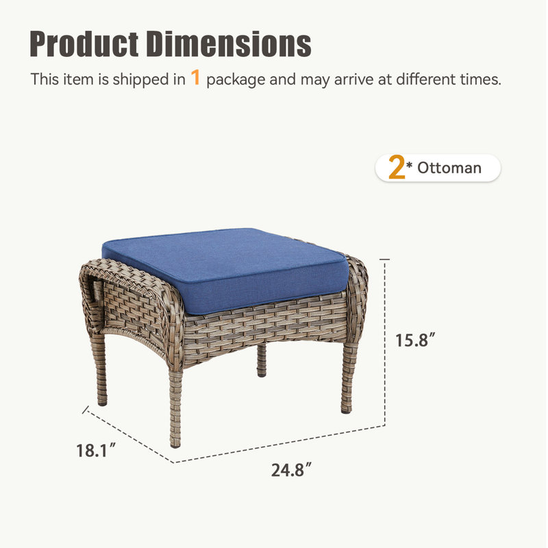 Ensemble de 2 repose-pieds d'extérieur en rotin gris avec coussin bleu pour cour ou terrasse