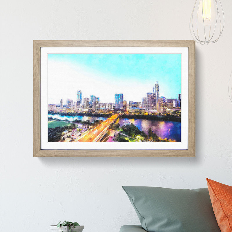 Austin Texas Skyline - Single Picture Frame Painting on MDF, 24cm H x 33cm W x 2cm D, Oak