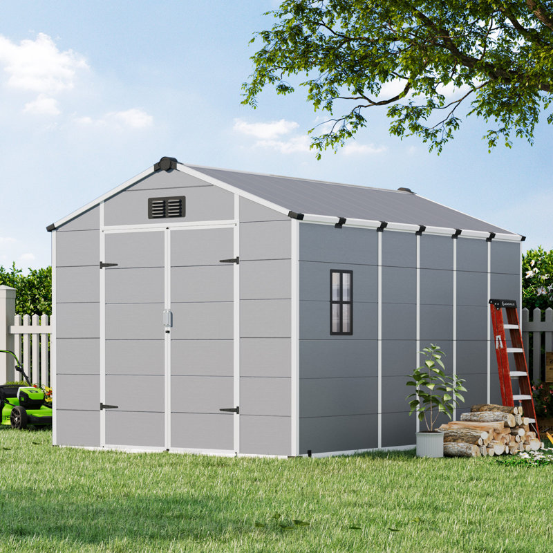  Remise de rangement extérieure 8 x 12 pi, remise à outils de jardin en résine avec portes doubles verrouillables, plancher intégré et toit incliné résistant aux intempéries pour le rangement dans la cour arrière, l'approvisionnement en piscine