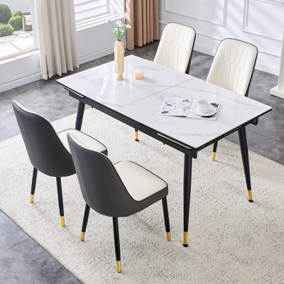 55'' - 79'' Extendable Sintered Stone Dining Table Set with Hidden Extension Leaf and Metal Legs