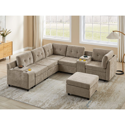 Chenille Upholstered Sectional Sofa With Storage Console
