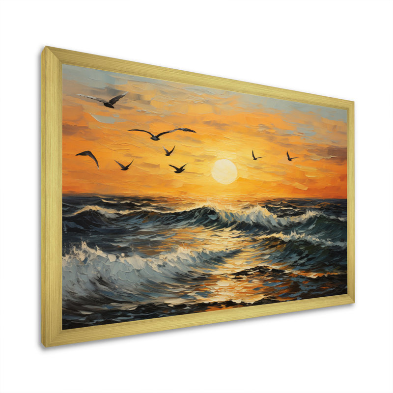 Mouettes au coucher du soleil sur la plage, Cadre doré à une seule photo, H 34 po x l 44 po x P 1,5 po
