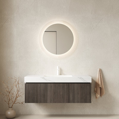 Meuble-lavabo flottant de 48 po, comptoir en pierre frittée blanche, armoire en contreplaqué, tiroir et portes, meuble-lavabo avec rangement spacieux