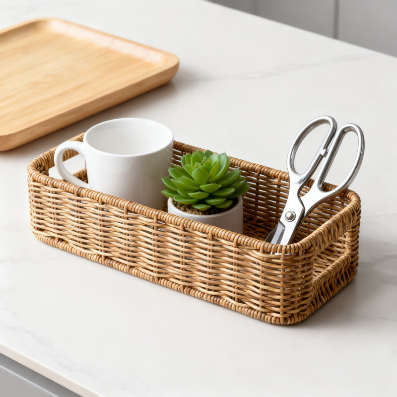 Handwoven Resin Wicker Storage Basket, Water-Resistant Bathroom And Kitchen Organizer For Toilet Tank Top, Countertop, And Shelves