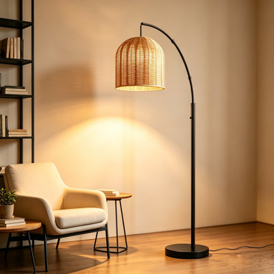 63'' Dimmable Arched Floor Lamp, Boho Rattan Shade Curved Arm Standing Lamp, Weighted Base Over‑Furniture Reading Floor Lamp for Living Room Bedroom Reading Corner