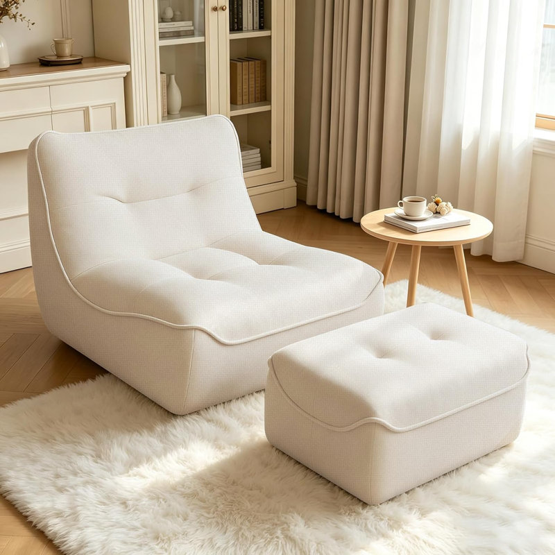  Oversized Faux Fur Bean Bag Chair With Matching Ottoman Ergonomic Indoor Lounge Furniture, Beige, Beige