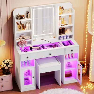 Vanity Desk With LED Mirror And Lights, Glass Top Vanity With RGB Glass Light Cabinets, Dressing Table With Drawers, Storage Shelves And Stool For Bedroom