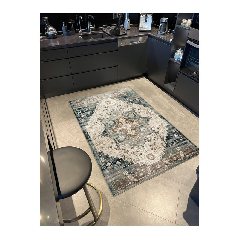 Tapis décoratif bleu traditionnel lavable à la machine, Tapis de couloir 2 pi 6 po x 9 pi 10 po inclus