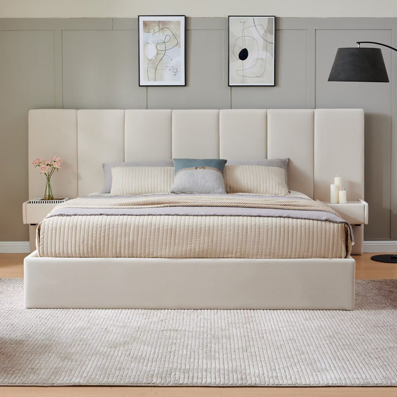 Upholstered Lift Storage Bed Frame with Hotel-Style Headboard, Queen Size & King Size Bed Frame, Sprung  Slats, Velvet Headboard and Drawers, Gas Lift Hydraulic Support, No Box Spring Needed