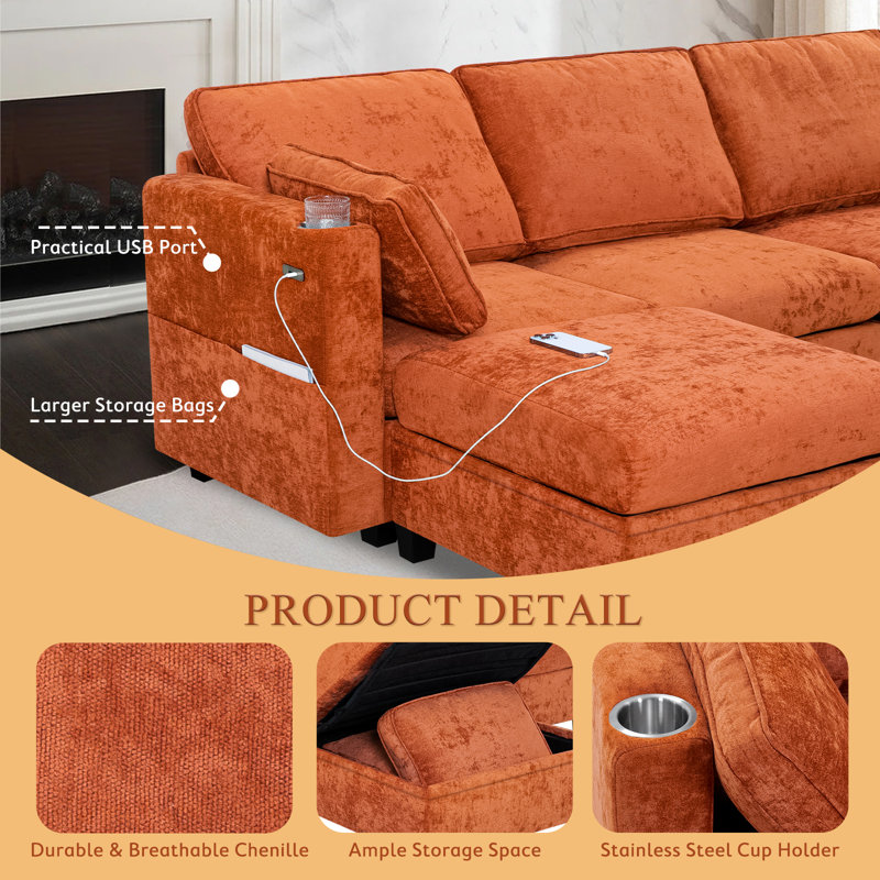 86" Chenille Modular Sofa with USB & Storage, L-Shape