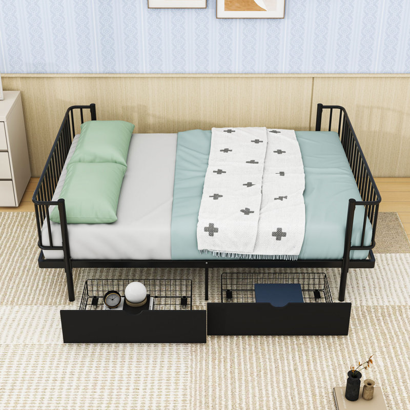 Modern Metal Platform Bed with Built-In Storage Drawers and Guardrails, Black, Full