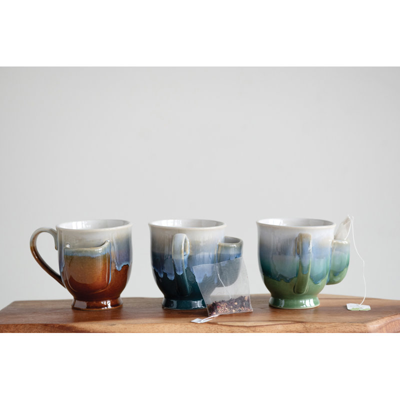 Tasse en grès avec poche pour sachet de thé et finition glaçure réactive