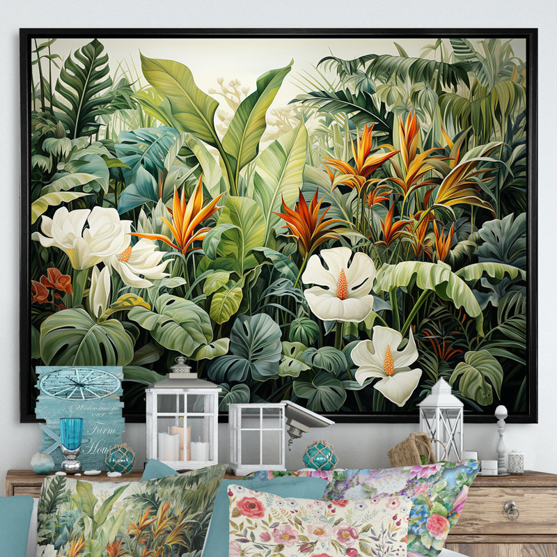 Décoration murale blanche botanique contemporaine Jungle Wonders - Plantes, H 30 po x l 40 po x P 1,5 po, Cadre flottant noir