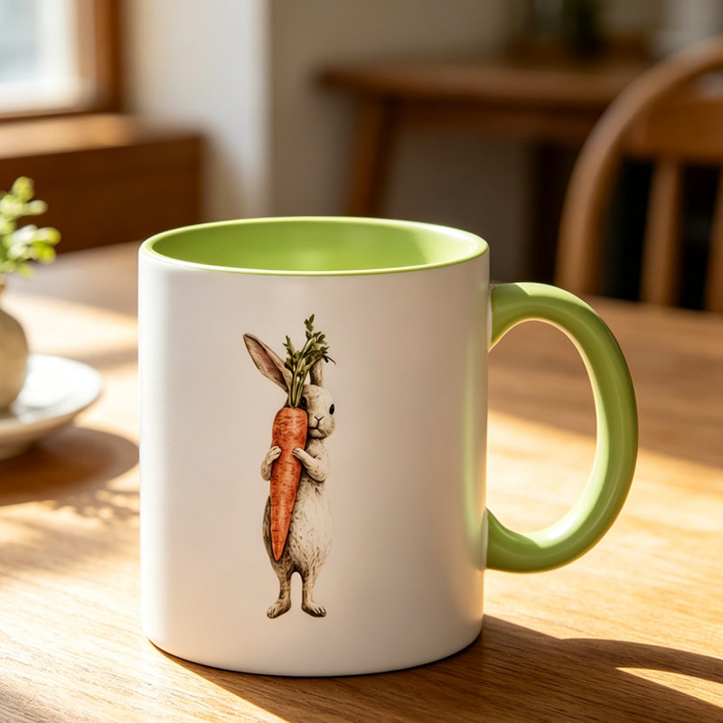 Cute Ceramic Mug with Rabbit Holding Carrot And Greens - Perfect Gift for Mom on Easter.