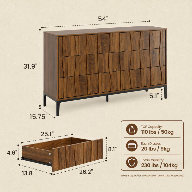 Mid-Century 6-Drawer Dresser with Sculpted Wavy, 54" Wide Walnut Wood Storage Chest