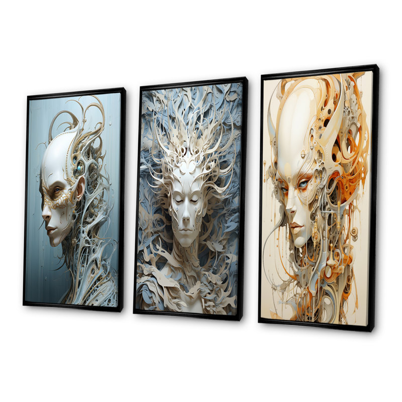 Mythique créature extraterrestre, ensemble de 3 reproductions d'art sur toile, Cadre flottant noir, H 28 po x l 36 po