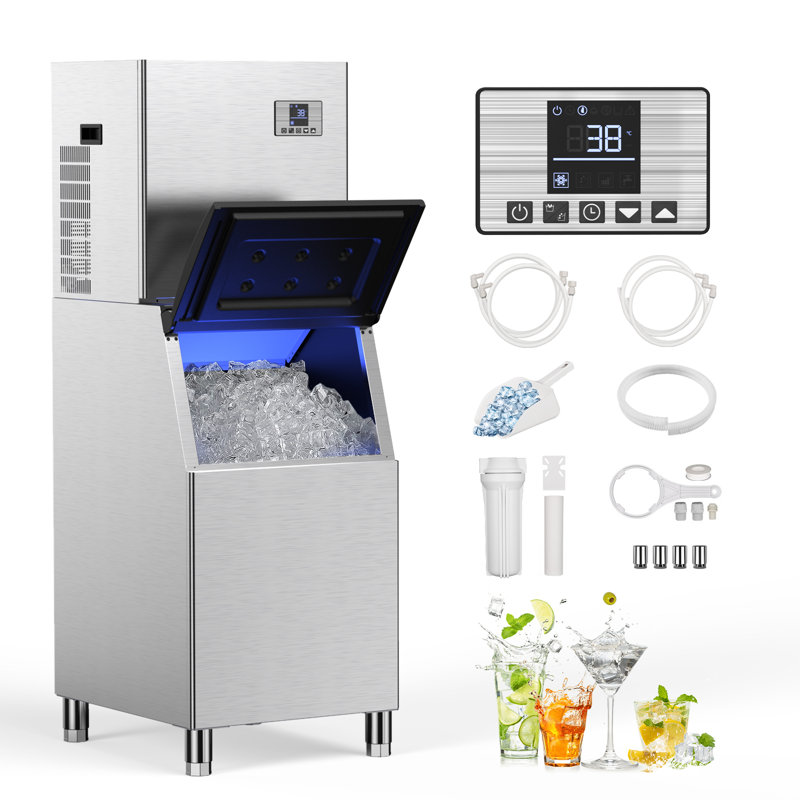 550LBS/24H Commercial Ice Maker with 360LBS Storage, 12-Level Adjustable Ice