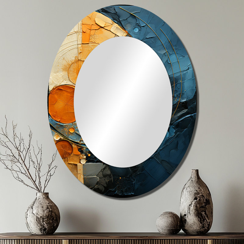 Gold Teal Abstract Spirals I - Miroir mural moderne ovale, 40 po x 30 po