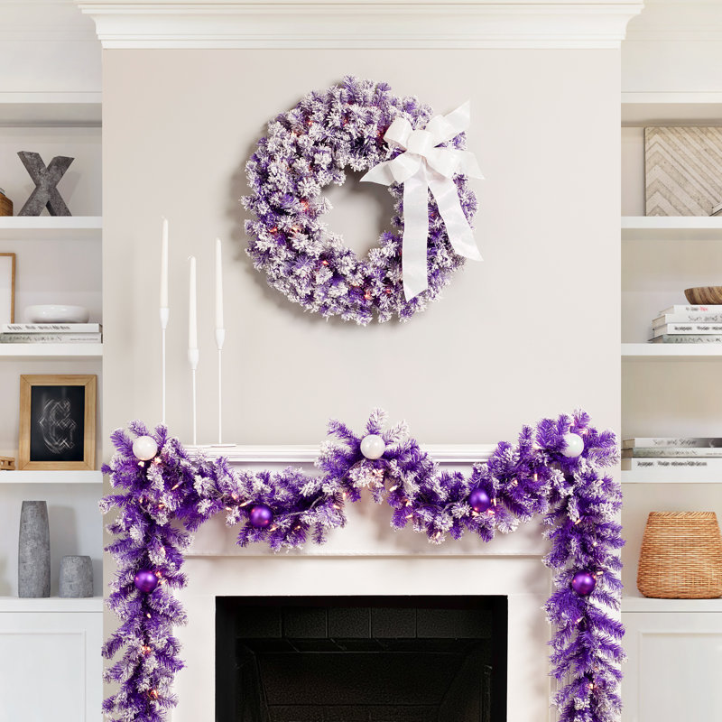 Pre-Lit Artificial Flocked Pine Christmas Garland - 9' - Clear Lights, Purple