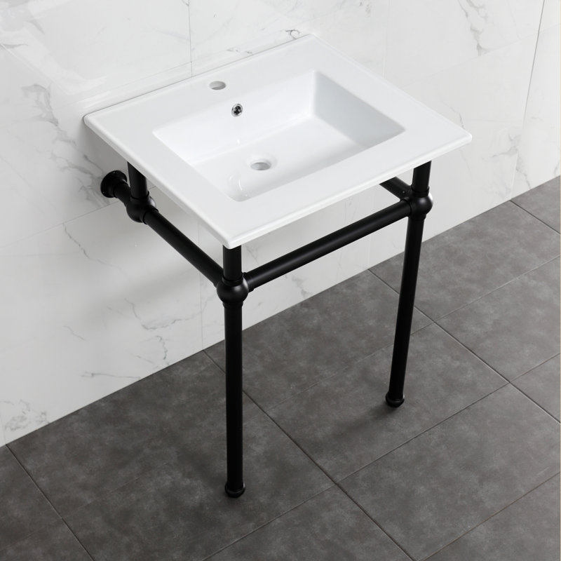 Kingston Brass Templeton 25-Inch Ceramic Console Sink with Brass Legs, White/Matte Black, 8" Centers
