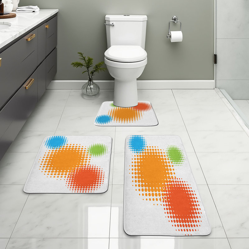  Orange Bathroom Rug Set 3 Pieces U-Shape & Rectangle Mats Red Orange and Blue