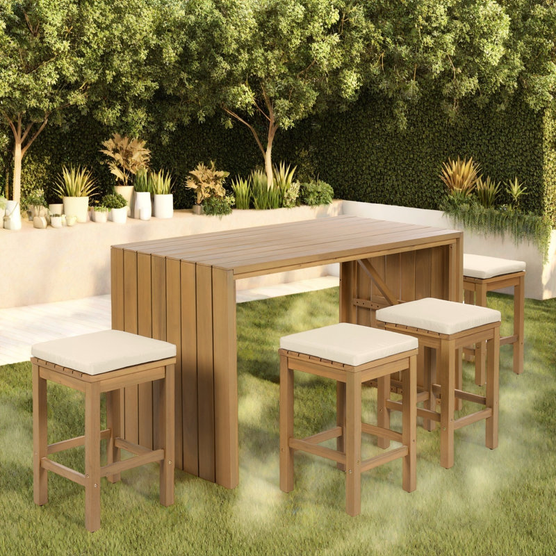 5 Pieces Outdoor Bar Set Included 1 Height Table & Four Stools With Cushions