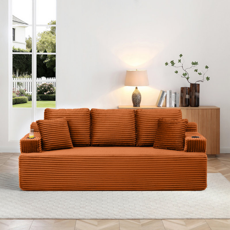 Canapé en velours côtelé avec coussins, porte-gobelet et poche latérale, Orange