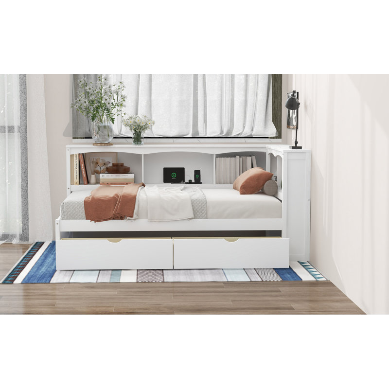 Lit de jour simple avec deux tiroirs de rangement, armoires de rangement et ports USB, Blanc