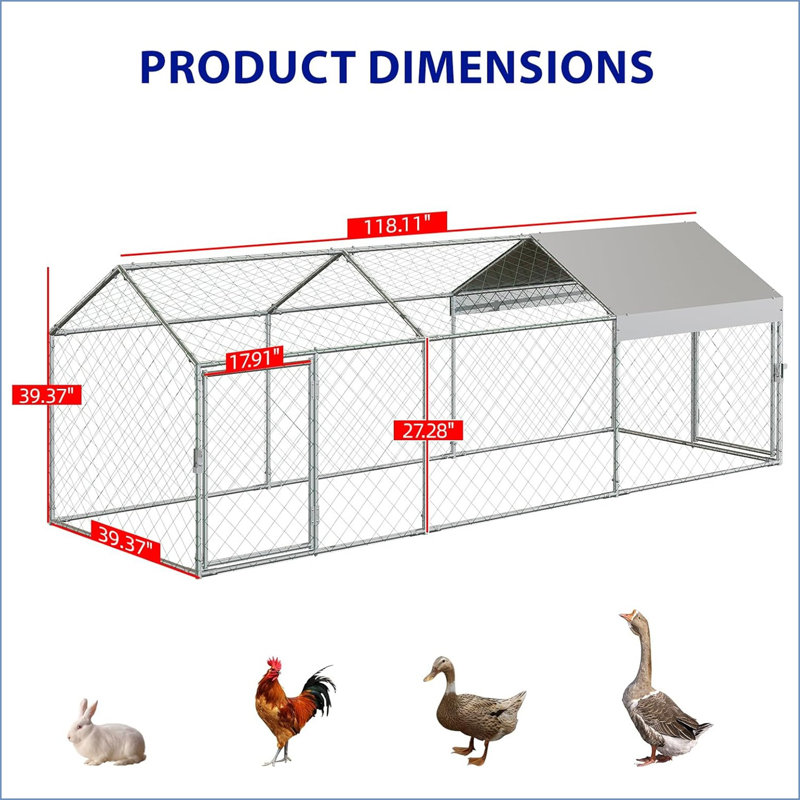 Large Metal Chicken Run,metal Chicken Coop 120" Wx40 Lx40 H Chicken Run With Waterproof Cover Portable Poultry Cage Walk In Hen House Outdoor Backyard Farm Playpen Exercise Pen For Rabbit Duck, Sliver