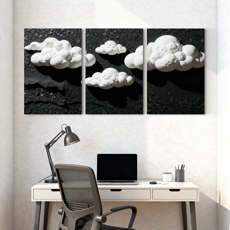 Abstrait nuages blancs sur fond noir, ensemble de 3 impressions sur toile