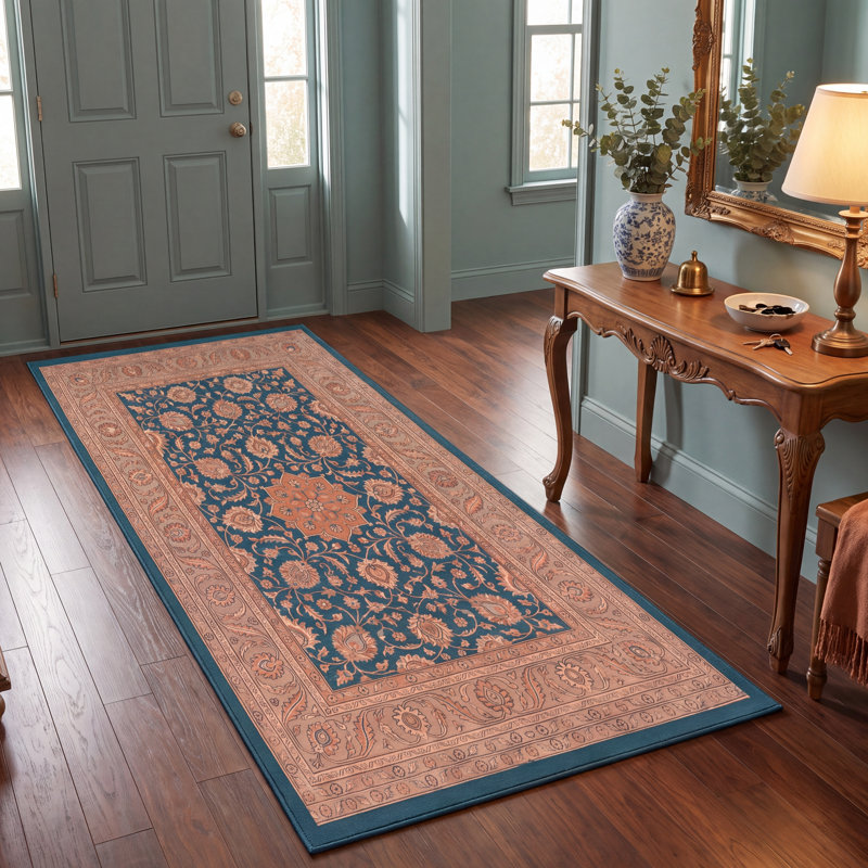Tapis Rosalind traditionnel à motif floral intégral, bleu sarcelle, or et crème, lavable en machine, antidérapant, à poils courts, pour l'intérieur et l'extérieur, adapté aux animaux domestiques, idéal pour le salon, la chambre, la salle à manger, l'entrée, le couloir ou le bureau.