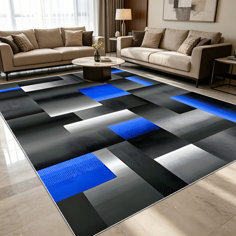 1PC Geometric Abstract Black Blue Silver 3D Block Modern area rugs for Living Room, Soft and Comfortable, Suitable for all seasons, easy-to-maintain, machine washable Indoor floor mat, Under Table Farmhouse suitable for dining table area, bedroom