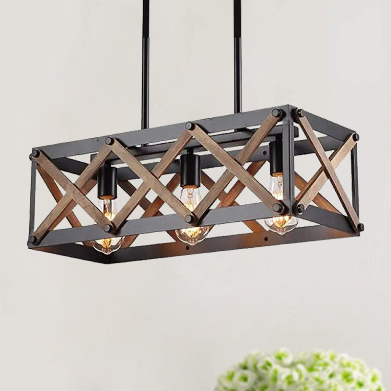 Lustre carré / rectangulaire à 3 lumières pour îlot de cuisine en bois et accents Nahiyan