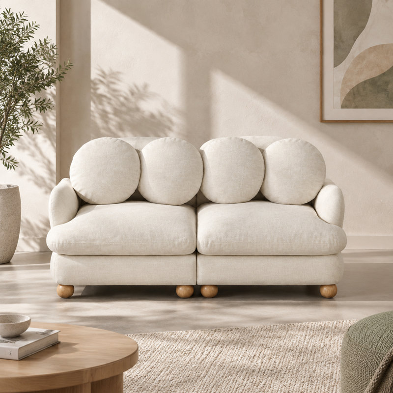 Canapé 2 places beige chenille avec 4 coussins décoratifs, assise profonde et structure en bois massif pour salon ou chambre