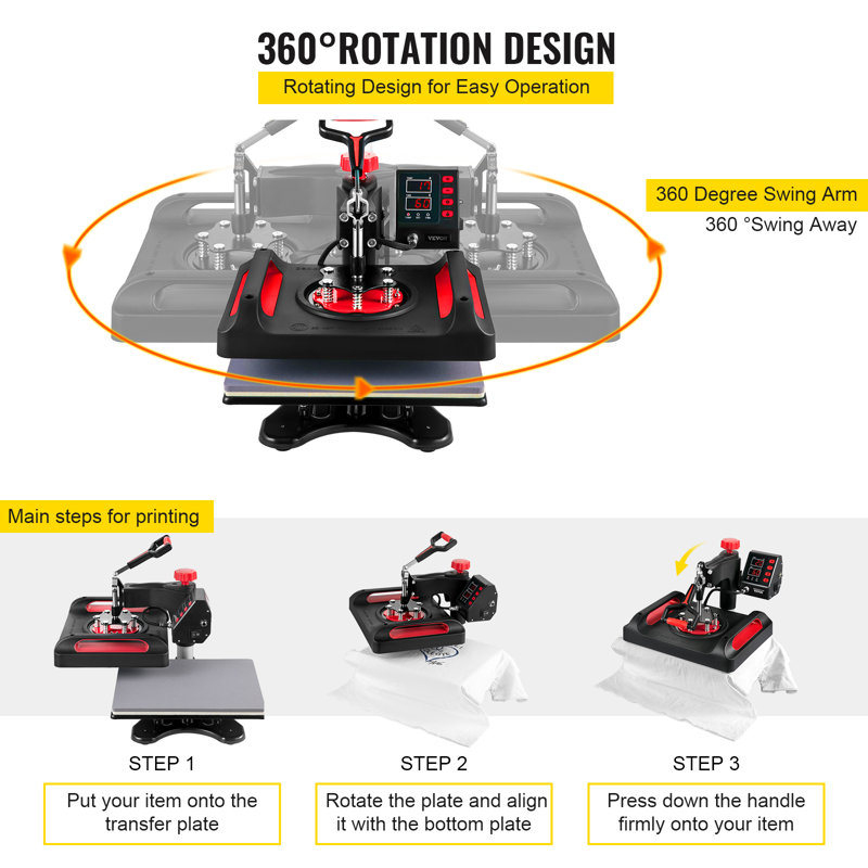 Presse à chaleur VEVOR 12 X 15 pouces Sublimation 5 en 1 360 Swing Away numérique, Noir et rouge