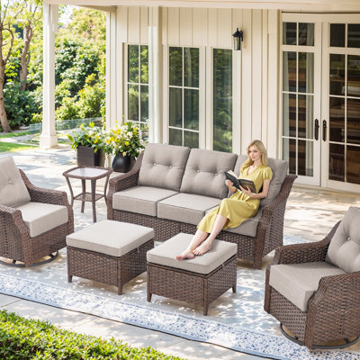 Mobilier de patio 6 pièces en osier brun avec coussins